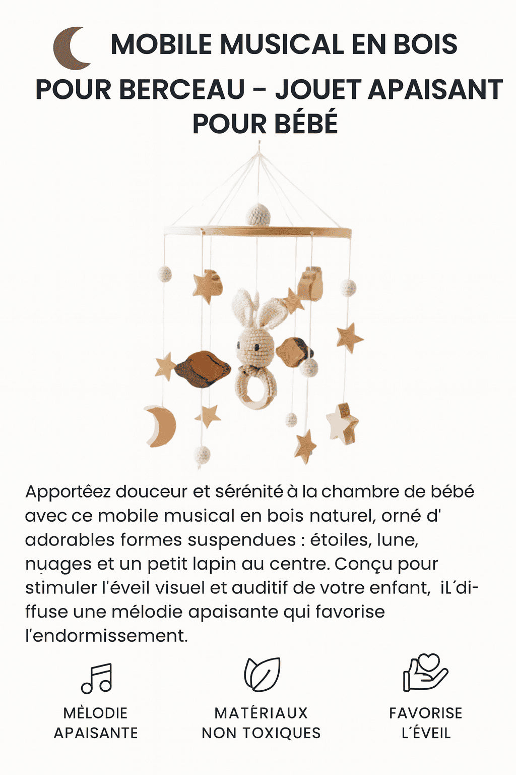 🌙 Mobile musical en bois pour berceau – Jouet apaisant